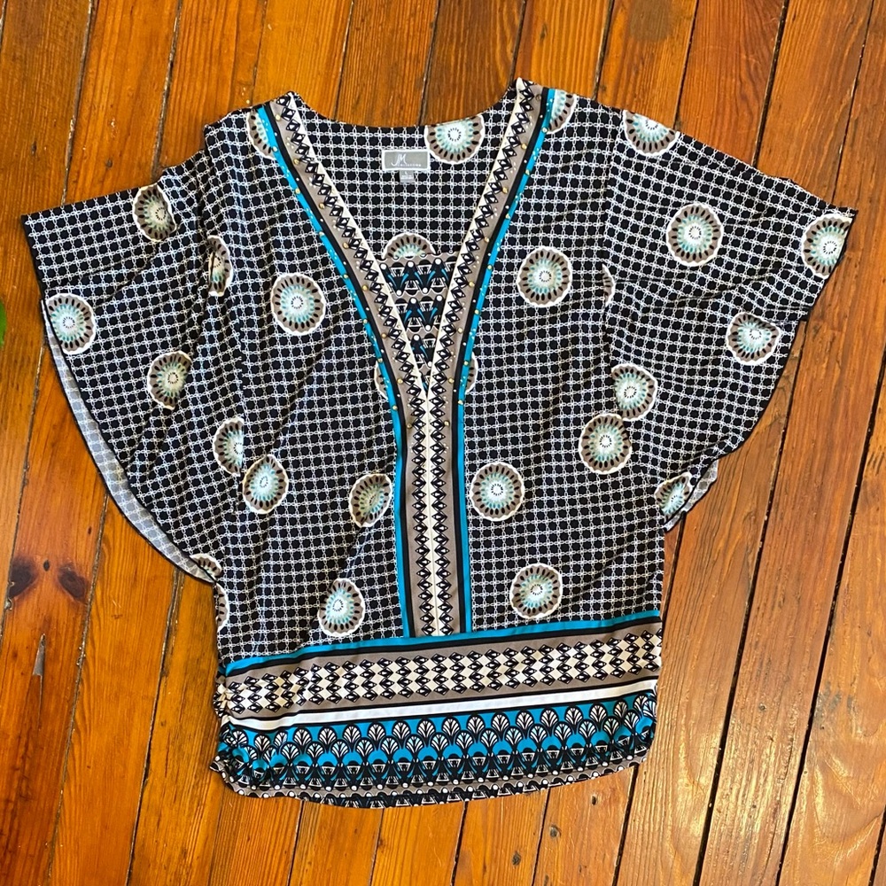 JM Collection Boho Turquoise and Brown Top Bat Wing Sleeves Size Large